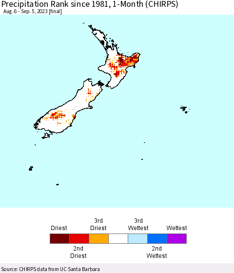 New Zealand Precipitation Rank since 1981, 1-Month (CHIRPS) Thematic Map For 8/6/2023 - 9/5/2023