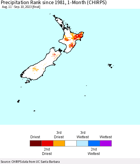 New Zealand Precipitation Rank since 1981, 1-Month (CHIRPS) Thematic Map For 8/11/2023 - 9/10/2023
