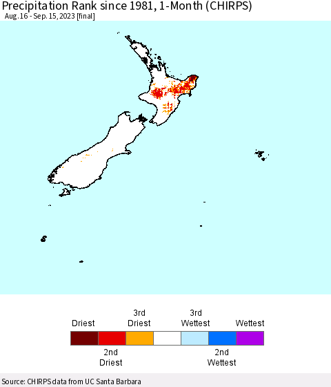 New Zealand Precipitation Rank since 1981, 1-Month (CHIRPS) Thematic Map For 8/16/2023 - 9/15/2023
