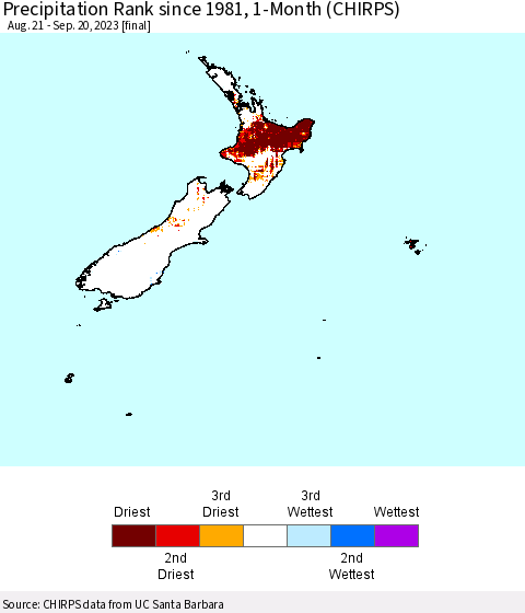 New Zealand Precipitation Rank since 1981, 1-Month (CHIRPS) Thematic Map For 8/21/2023 - 9/20/2023