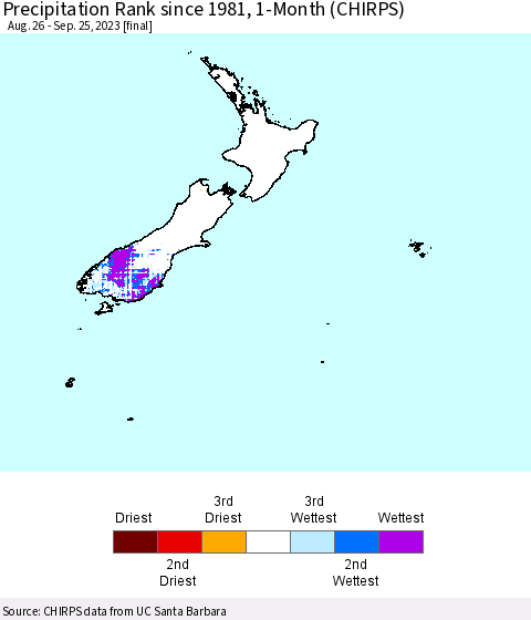 New Zealand Precipitation Rank since 1981, 1-Month (CHIRPS) Thematic Map For 8/26/2023 - 9/25/2023