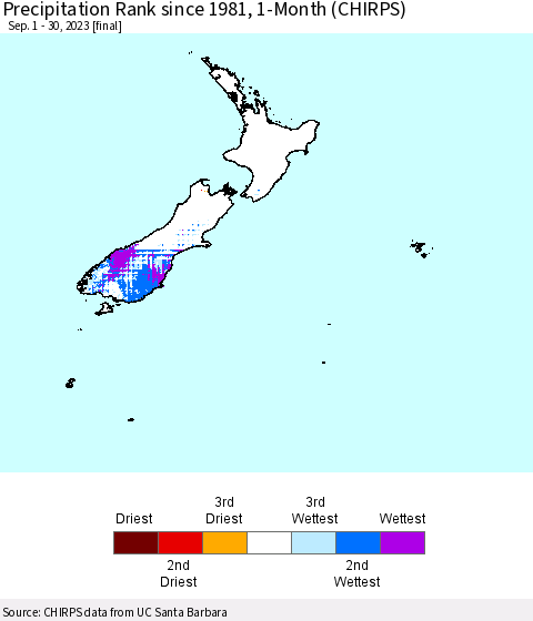 New Zealand Precipitation Rank since 1981, 1-Month (CHIRPS) Thematic Map For 9/1/2023 - 9/30/2023