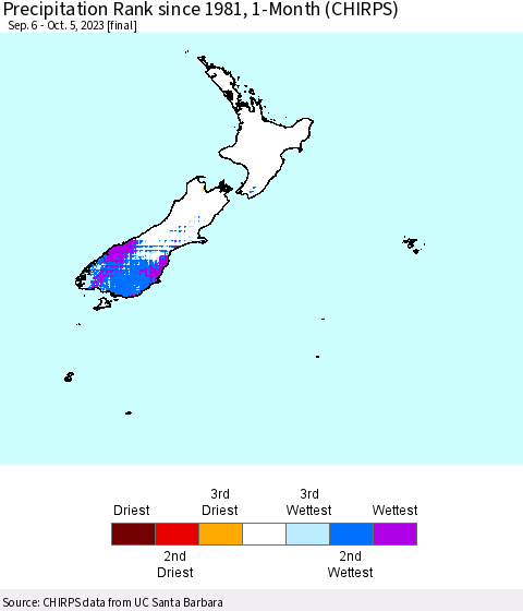 New Zealand Precipitation Rank since 1981, 1-Month (CHIRPS) Thematic Map For 9/6/2023 - 10/5/2023