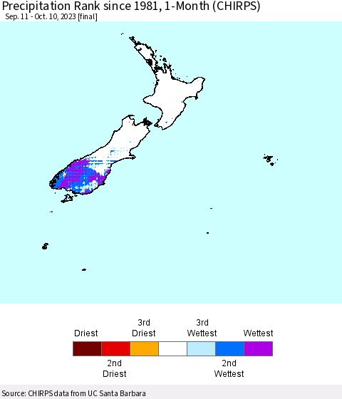 New Zealand Precipitation Rank since 1981, 1-Month (CHIRPS) Thematic Map For 9/11/2023 - 10/10/2023