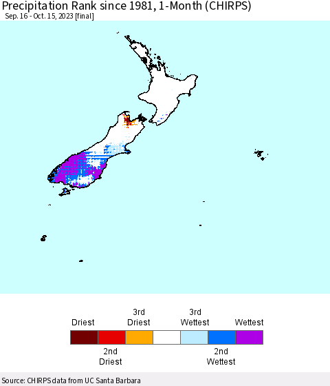 New Zealand Precipitation Rank since 1981, 1-Month (CHIRPS) Thematic Map For 9/16/2023 - 10/15/2023
