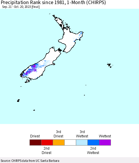 New Zealand Precipitation Rank since 1981, 1-Month (CHIRPS) Thematic Map For 9/21/2023 - 10/20/2023