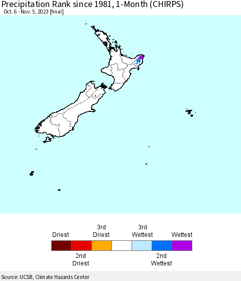 New Zealand Precipitation Rank since 1981, 1-Month (CHIRPS) Thematic Map For 10/6/2023 - 11/5/2023