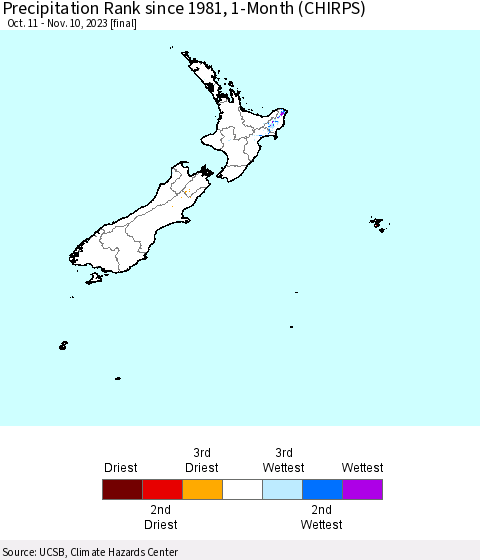 New Zealand Precipitation Rank since 1981, 1-Month (CHIRPS) Thematic Map For 10/11/2023 - 11/10/2023