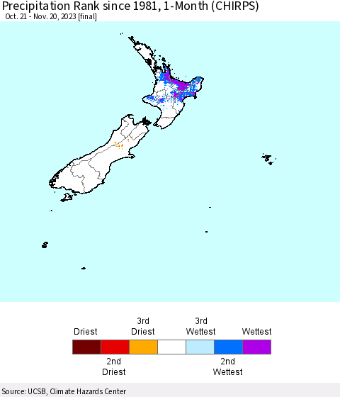 New Zealand Precipitation Rank since 1981, 1-Month (CHIRPS) Thematic Map For 10/21/2023 - 11/20/2023