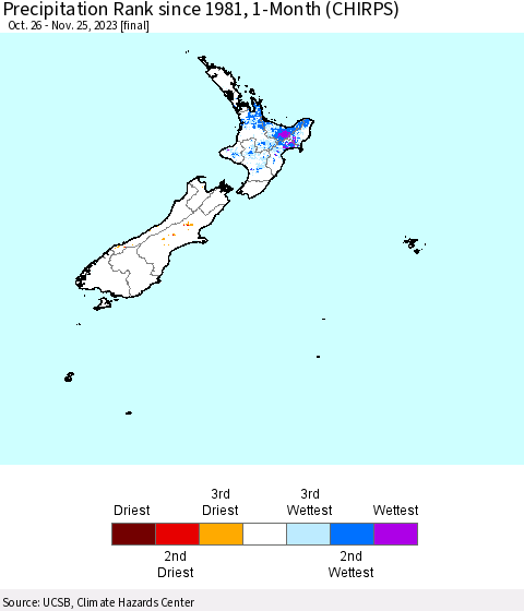 New Zealand Precipitation Rank since 1981, 1-Month (CHIRPS) Thematic Map For 10/26/2023 - 11/25/2023
