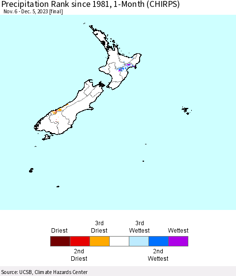 New Zealand Precipitation Rank since 1981, 1-Month (CHIRPS) Thematic Map For 11/6/2023 - 12/5/2023