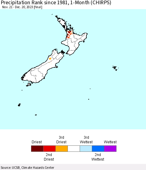 New Zealand Precipitation Rank since 1981, 1-Month (CHIRPS) Thematic Map For 11/21/2023 - 12/20/2023