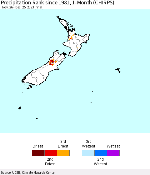 New Zealand Precipitation Rank since 1981, 1-Month (CHIRPS) Thematic Map For 11/26/2023 - 12/25/2023