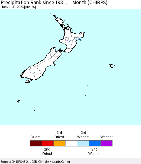 New Zealand Precipitation Rank since 1981, 1-Month (CHIRPS) Thematic Map For 12/1/2023 - 12/31/2023