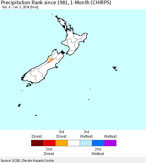 New Zealand Precipitation Rank since 1981, 1-Month (CHIRPS) Thematic Map For 12/6/2023 - 1/5/2024