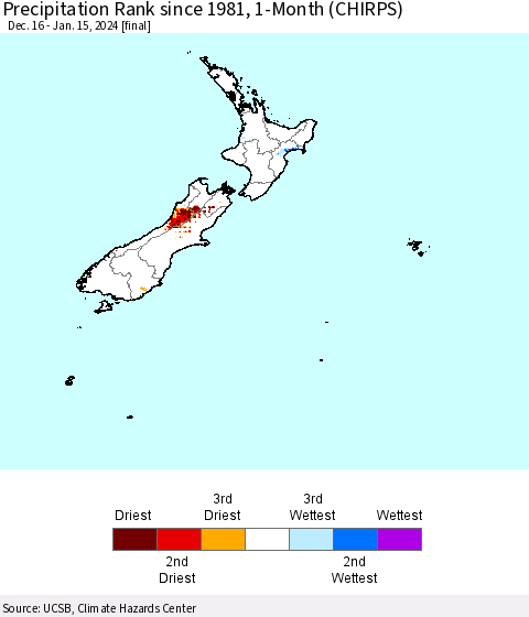 New Zealand Precipitation Rank since 1981, 1-Month (CHIRPS) Thematic Map For 12/16/2023 - 1/15/2024