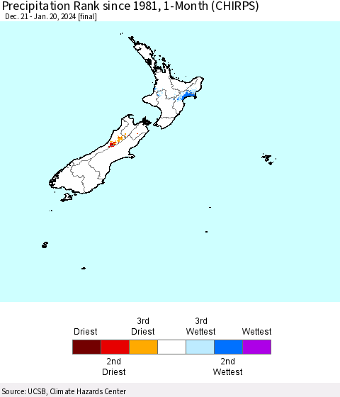 New Zealand Precipitation Rank since 1981, 1-Month (CHIRPS) Thematic Map For 12/21/2023 - 1/20/2024