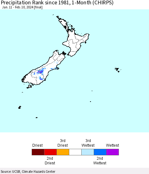 New Zealand Precipitation Rank since 1981, 1-Month (CHIRPS) Thematic Map For 1/11/2024 - 2/10/2024