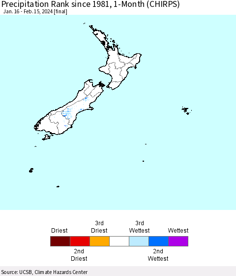 New Zealand Precipitation Rank since 1981, 1-Month (CHIRPS) Thematic Map For 1/16/2024 - 2/15/2024