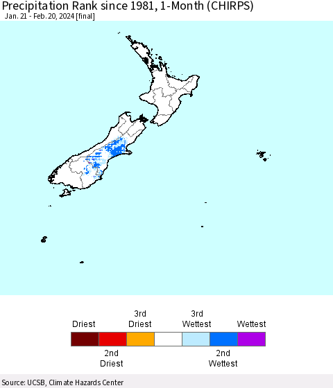 New Zealand Precipitation Rank since 1981, 1-Month (CHIRPS) Thematic Map For 1/21/2024 - 2/20/2024