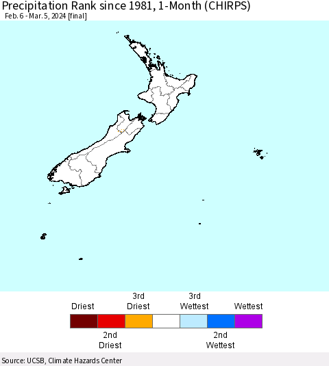 New Zealand Precipitation Rank since 1981, 1-Month (CHIRPS) Thematic Map For 2/6/2024 - 3/5/2024
