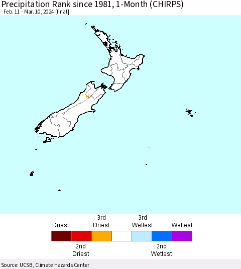 New Zealand Precipitation Rank since 1981, 1-Month (CHIRPS) Thematic Map For 2/11/2024 - 3/10/2024