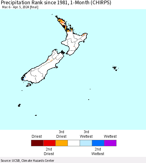 New Zealand Precipitation Rank since 1981, 1-Month (CHIRPS) Thematic Map For 3/6/2024 - 4/5/2024