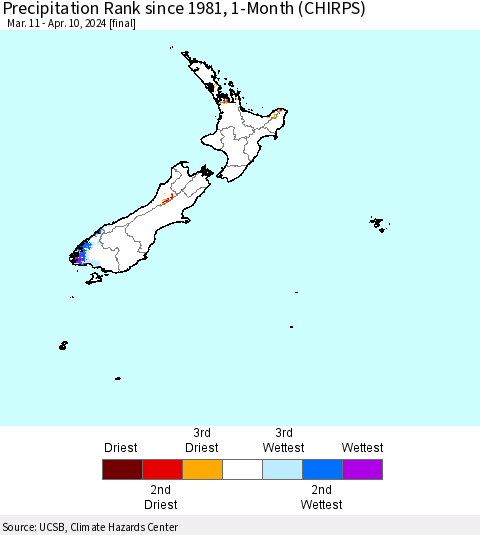 New Zealand Precipitation Rank since 1981, 1-Month (CHIRPS) Thematic Map For 3/11/2024 - 4/10/2024