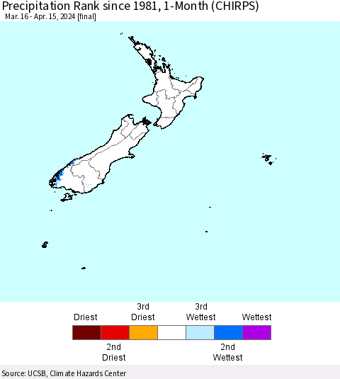 New Zealand Precipitation Rank since 1981, 1-Month (CHIRPS) Thematic Map For 3/16/2024 - 4/15/2024