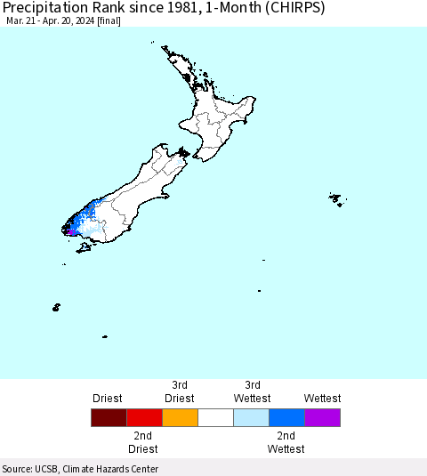 New Zealand Precipitation Rank since 1981, 1-Month (CHIRPS) Thematic Map For 3/21/2024 - 4/20/2024