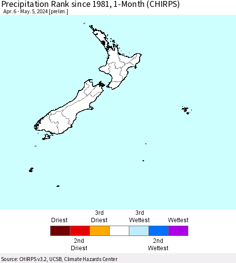New Zealand Precipitation Rank since 1981, 1-Month (CHIRPS) Thematic Map For 4/6/2024 - 5/5/2024