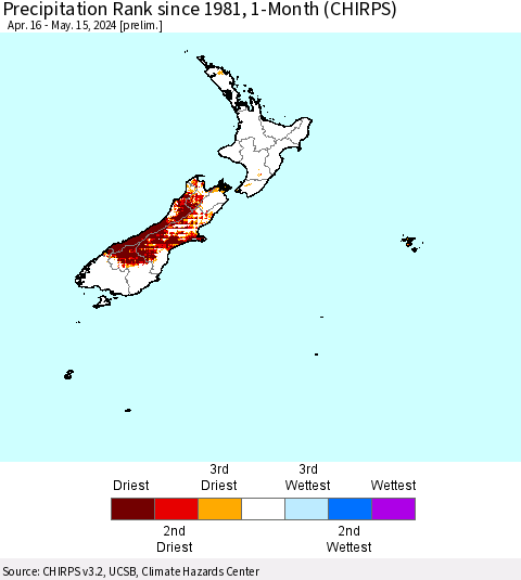New Zealand Precipitation Rank since 1981, 1-Month (CHIRPS) Thematic Map For 4/16/2024 - 5/15/2024
