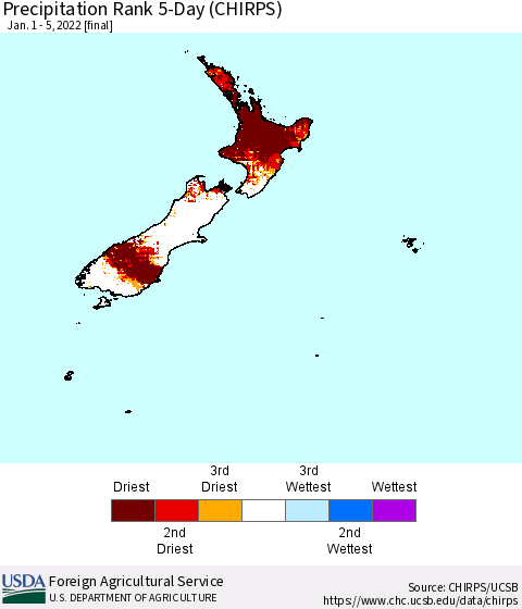 New Zealand Precipitation Rank since 1981, 5-Day (CHIRPS) Thematic Map For 1/1/2022 - 1/5/2022