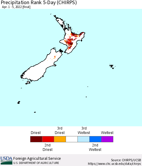 New Zealand Precipitation Rank since 1981, 5-Day (CHIRPS) Thematic Map For 4/1/2022 - 4/5/2022