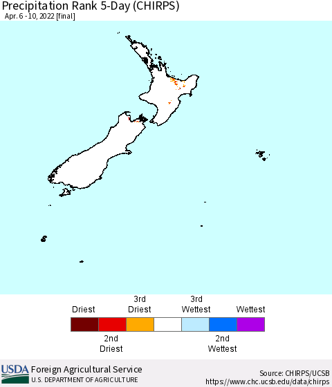 New Zealand Precipitation Rank since 1981, 5-Day (CHIRPS) Thematic Map For 4/6/2022 - 4/10/2022
