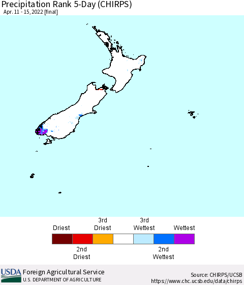 New Zealand Precipitation Rank since 1981, 5-Day (CHIRPS) Thematic Map For 4/11/2022 - 4/15/2022