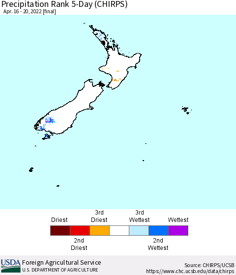 New Zealand Precipitation Rank since 1981, 5-Day (CHIRPS) Thematic Map For 4/16/2022 - 4/20/2022