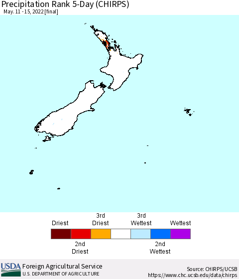 New Zealand Precipitation Rank since 1981, 5-Day (CHIRPS) Thematic Map For 5/11/2022 - 5/15/2022