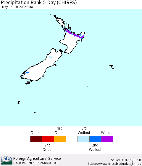 New Zealand Precipitation Rank since 1981, 5-Day (CHIRPS) Thematic Map For 5/16/2022 - 5/20/2022