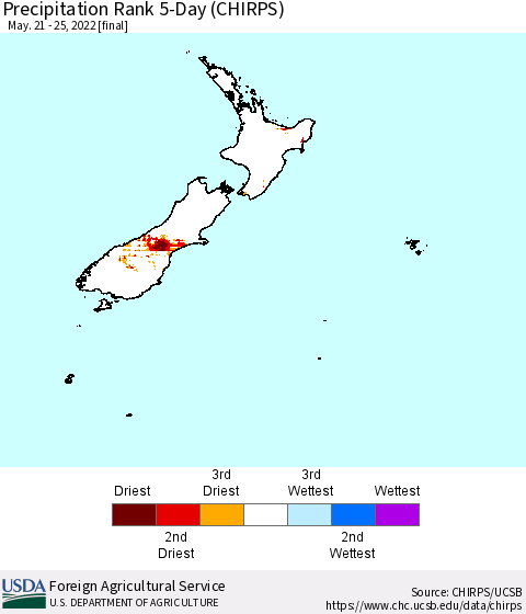 New Zealand Precipitation Rank since 1981, 5-Day (CHIRPS) Thematic Map For 5/21/2022 - 5/25/2022