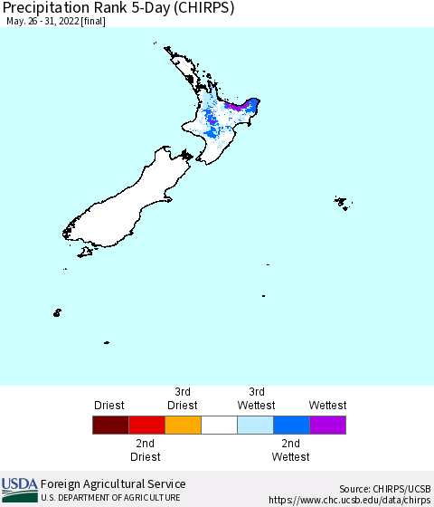 New Zealand Precipitation Rank since 1981, 5-Day (CHIRPS) Thematic Map For 5/26/2022 - 5/31/2022