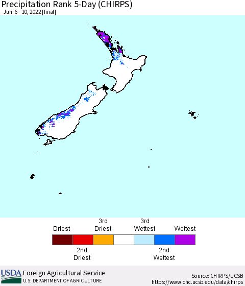 New Zealand Precipitation Rank since 1981, 5-Day (CHIRPS) Thematic Map For 6/6/2022 - 6/10/2022