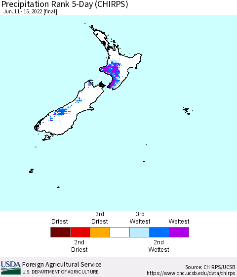 New Zealand Precipitation Rank since 1981, 5-Day (CHIRPS) Thematic Map For 6/11/2022 - 6/15/2022