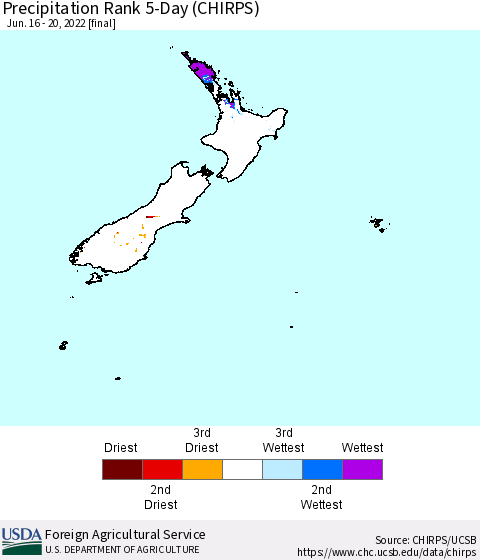 New Zealand Precipitation Rank since 1981, 5-Day (CHIRPS) Thematic Map For 6/16/2022 - 6/20/2022