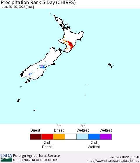 New Zealand Precipitation Rank since 1981, 5-Day (CHIRPS) Thematic Map For 6/26/2022 - 6/30/2022