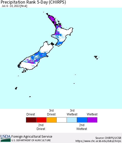 New Zealand Precipitation Rank since 1981, 5-Day (CHIRPS) Thematic Map For 7/6/2022 - 7/10/2022