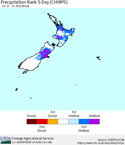 New Zealand Precipitation Rank since 1981, 5-Day (CHIRPS) Thematic Map For 7/11/2022 - 7/15/2022