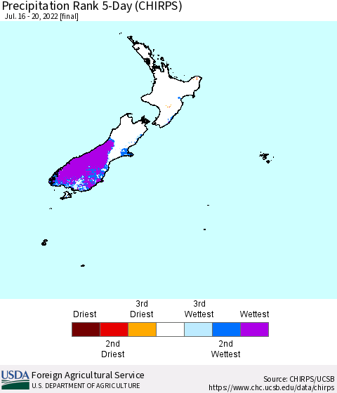New Zealand Precipitation Rank since 1981, 5-Day (CHIRPS) Thematic Map For 7/16/2022 - 7/20/2022