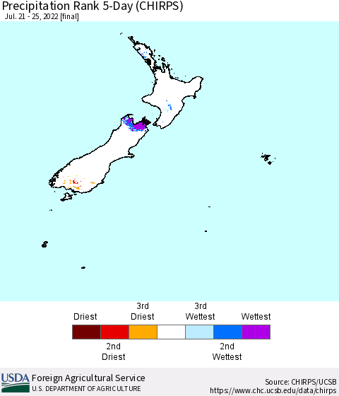 New Zealand Precipitation Rank since 1981, 5-Day (CHIRPS) Thematic Map For 7/21/2022 - 7/25/2022