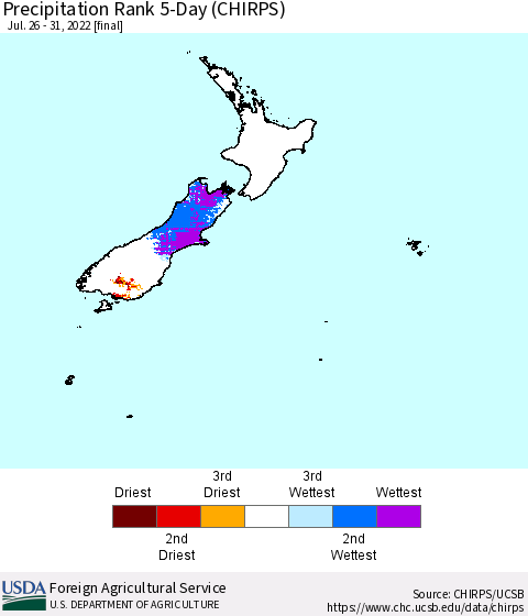 New Zealand Precipitation Rank since 1981, 5-Day (CHIRPS) Thematic Map For 7/26/2022 - 7/31/2022